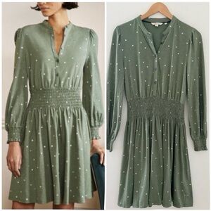 Boden Dress Cotton Smocked Waist Jersey Dotted Print Green Office Career Preppy